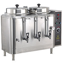 Twin 3 Gallon Urn. Adjustable by-pass, automatic agitator, solid state timer.