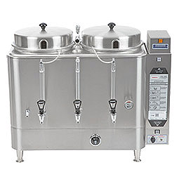 Twin 6 Gallon Urn. Adjustable by-pass, automatic agitator, solid state timer. 1 & 2 lbs. brew.