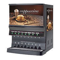 Hot Powder Cappuccino & Specialty Beverage Dispenser. Black, high volume with sleek, contemporary design. Hoppers and Capacity: (1) 10 lbs. and (7) 5 lbs.