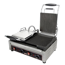 Sandwich or Panini Grill. Double, grooved, cast iron surface. Work surface (per side): 7 1/4 W x 9 D.