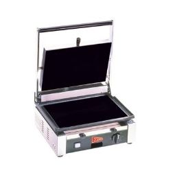 Medium Duty Sandwich or Panini Grill. Single, flat, cast iron surface. Work surface: 14.5 W x 10 D.