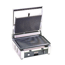 Medium Duty Sandwich or Panini Grill. Single, grooved, cast iron surface. Work surface: 14.5 W x 10 D.