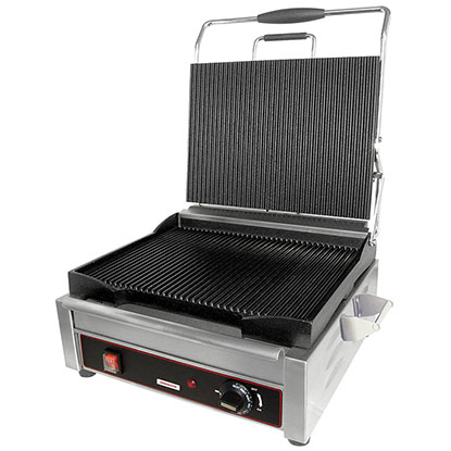 Sandwich or Panini Grill. Single, grooved, cast iron surface. Work surface: 14 1/8 W x 11 D.