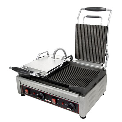 Sandwich or Panini Grill. Double, grooved, cast iron surface. Work surface (per side): 7 1/4 W x 9 D.