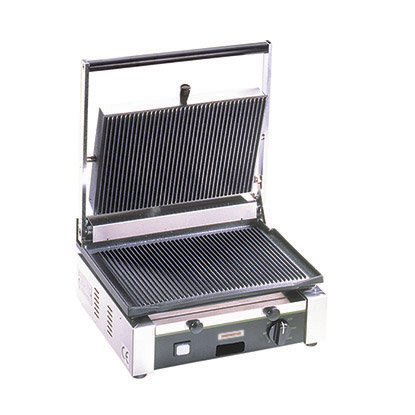Medium Duty Sandwich or Panini Grill. Single, grooved, cast iron surface. Work surface: 14.5 W x 10 D.