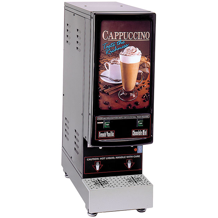 Hot Powder Cappuccino & Specialty Beverage Dispenser. Black, low to medium volume with (2) hoppers of 4 lbs. capacity each.