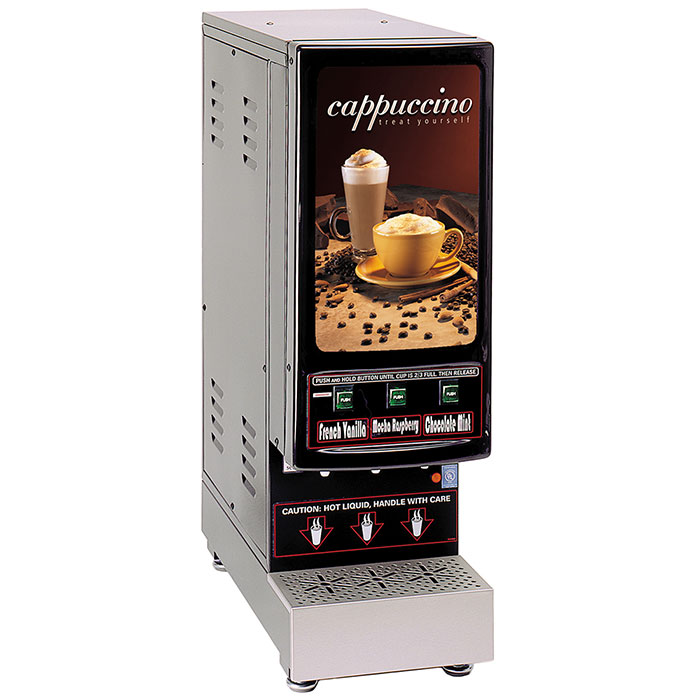 Hot Powder Cappuccino & Specialty Beverage Dispenser. Black, low to medium volume with (3) hoppers of 4 lbs. capacity each.