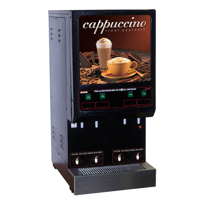 Hot Powder Cappuccino & Specialty Beverage Dispenser. Black, low to medium volume with (4) hoppers of 4 lbs. capacity each.