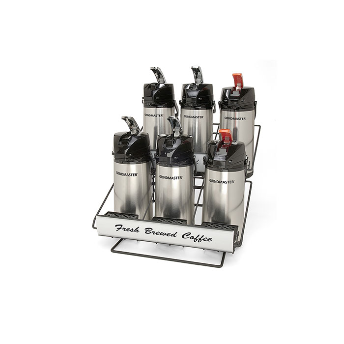 Airpot Accessory. 6 pot rack with 6 lever top pots - (2) 3 pot wide racks + (1) 3 pot riser.