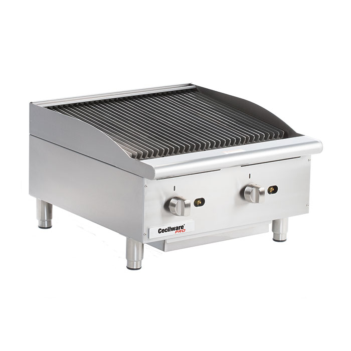Gas Charbroiler. Cooking surface:24 W x 20 D. (2) burners, 6 wide grates.