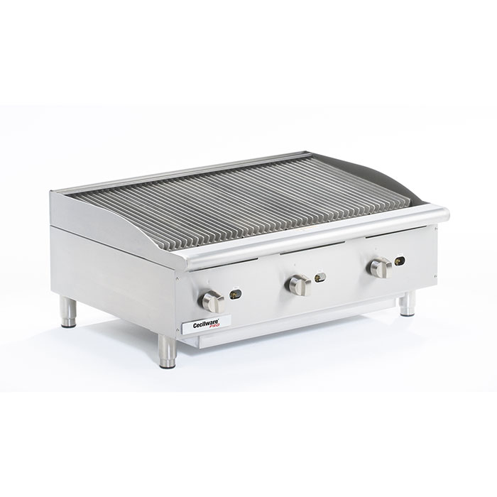Gas Charbroiler. Cooking surface: 36 W x 20 D, (3) burners, 6 wide grates.
