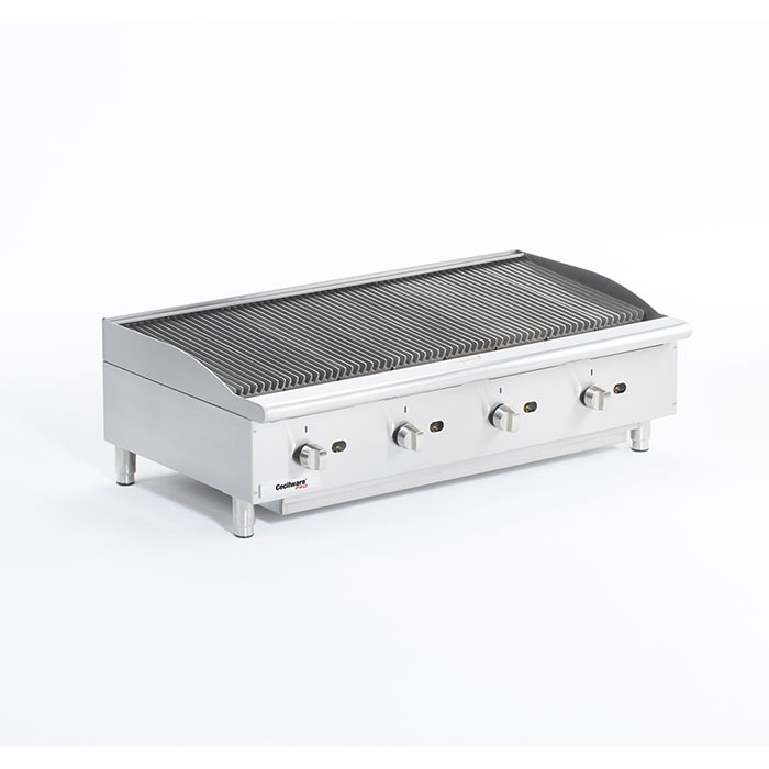 Gas Charbroiler. Cooking surface: 48 W x 20 D, (4) burners, 6 wide grates.