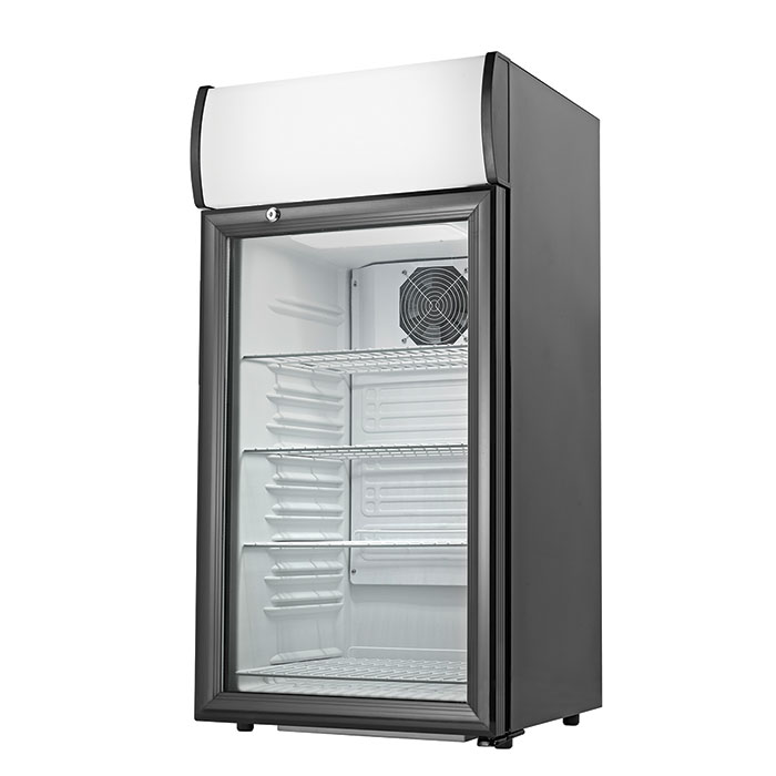 Countertop Refrigerator. Black, 2.7 cubic feet, (4) shelves. Includes lighted external merchandise  display.