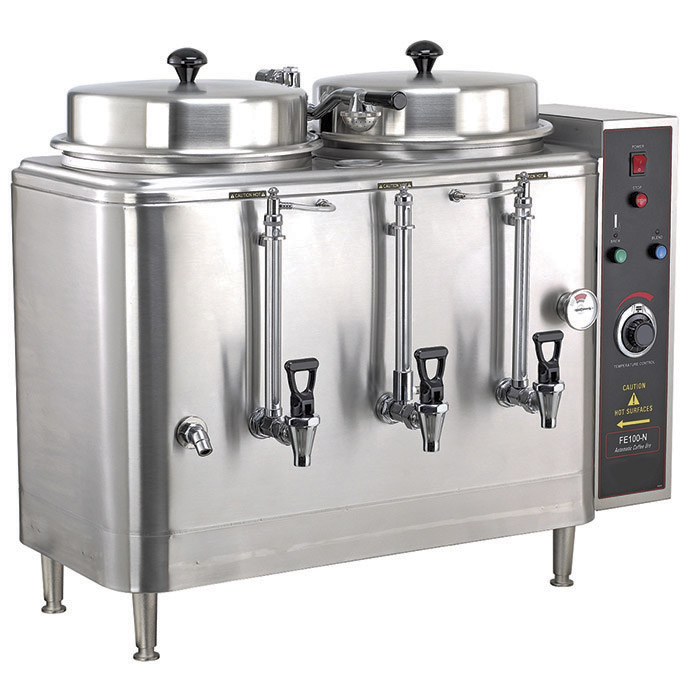 Twin 3 Gallon Urn. Adjustable by-pass, automatic agitator, solid state timer.