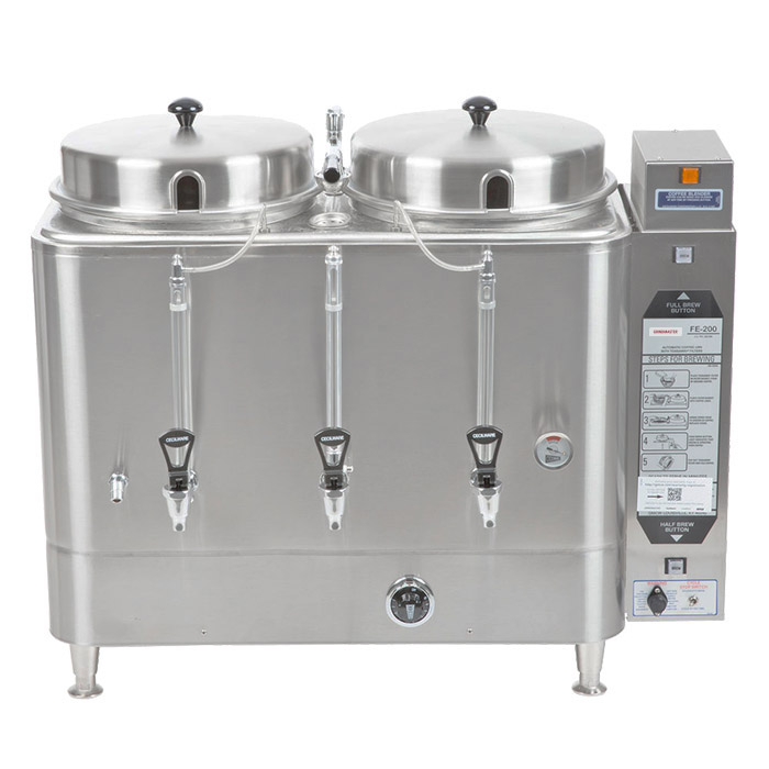Twin 6 Gallon Urn. Adjustable by-pass, automatic agitator, solid state timer. 1 & 2 lbs. brew.