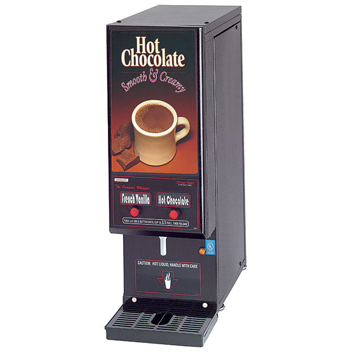 Powdered Hot Chocolate Dispenser. Black, medium volume with the smallest footprint available. (2) hoppers  with 4 lbs. capacity each.