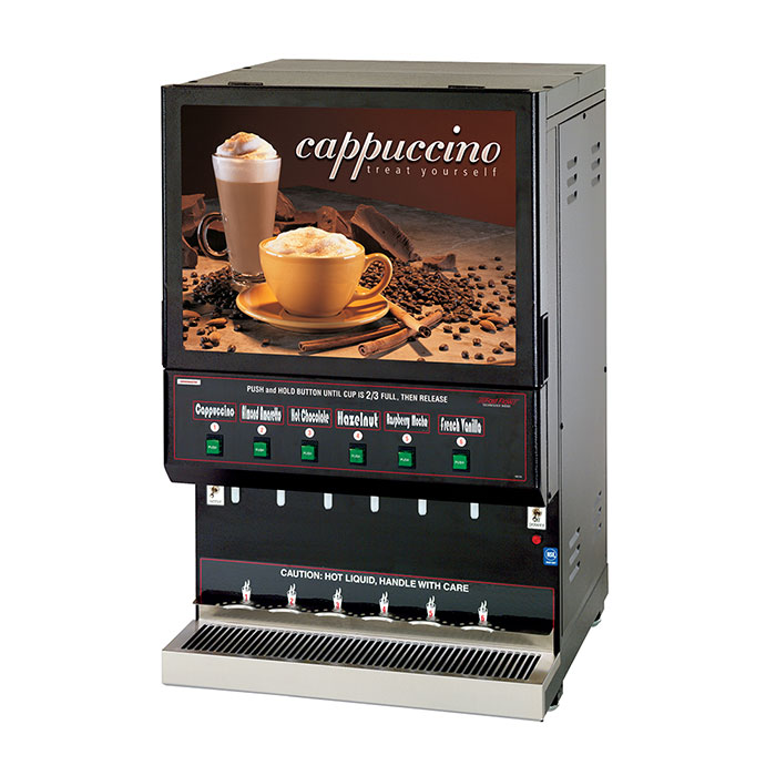 Hot Powder Cappuccino & Specialty Beverage Dispenser. Black, high volume. Hoppers and Capacity: (1) 10 lbs. and (5) 5 lbs.