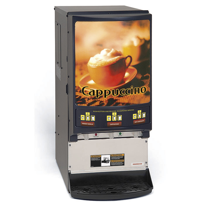 Hot Powder Cappuccino, Hot Chocolate, & Specialty Beverage Dispenser. 3 hoppers, 5 lbs. capacity. 3 Portion Sizes / Head 