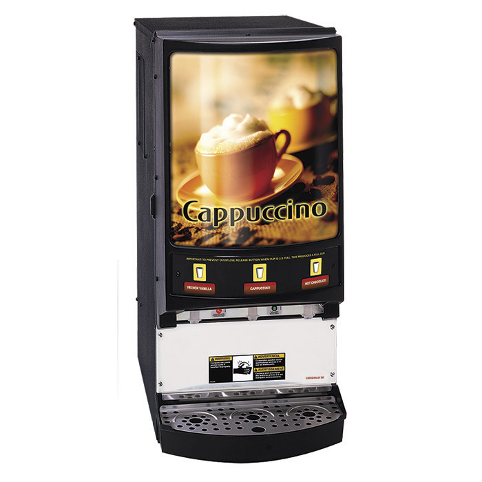 Hot Powder Cappuccino, Hot Chocolate, & Specialty Beverage Dispenser. 3 hoppers, 5 lbs. capacity.