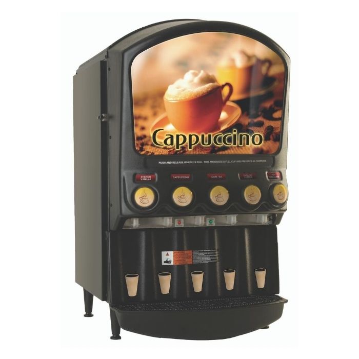 Hot Powder Cappuccino, Hot Chocolate, & Specialty Beverage Dispenser. 5 hoppers, 5 lbs. capacity.