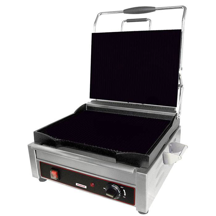 Sandwich or Panini Grill. Single, flat, cast iron surface. Work surface: Work surface: 14 1/8 W x 11 D.