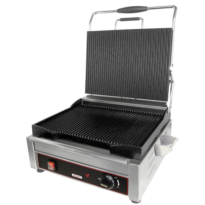 Sandwich or Panini Grill, Single, grooved, cast iron surface. Work surface: 9 5/8 W x 9 D.