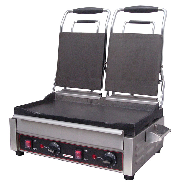 Sandwich or Panini Grill. Double, flat, cast iron surface. Work surface (per side): 7 1/4 W x 9 D.