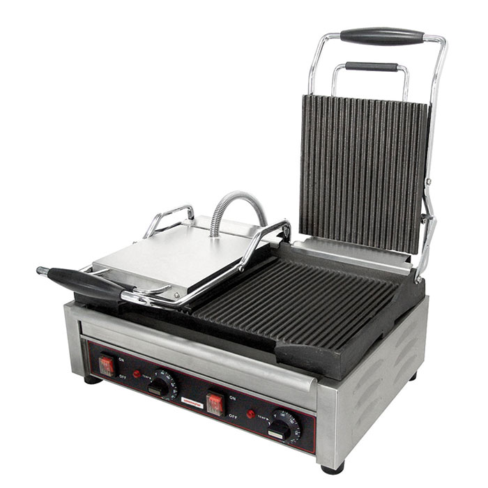 Sandwich or Panini Grill. Double, grooved, cast iron surface. Work surface (per side): 7 1/4 W x 9 D.