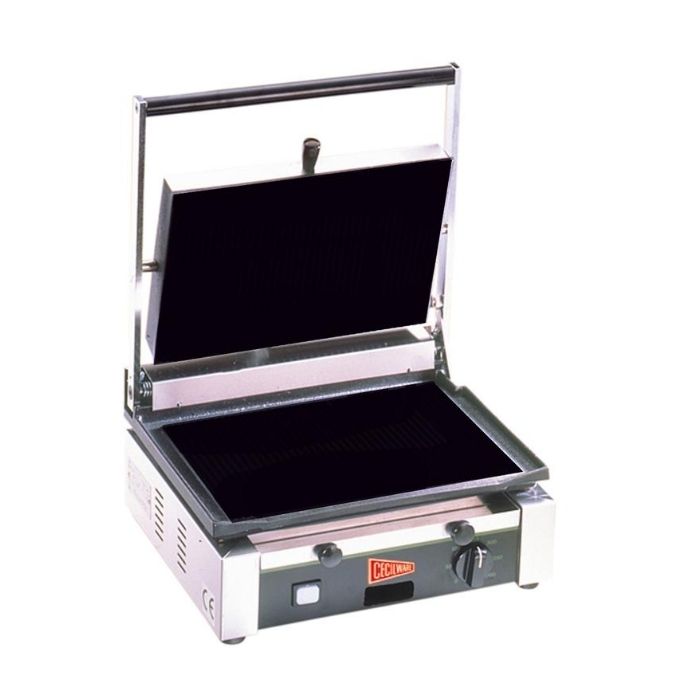 Medium Duty Sandwich or Panini Grill. Single, flat, cast iron surface. Work surface: 14.5 W x 10 D.