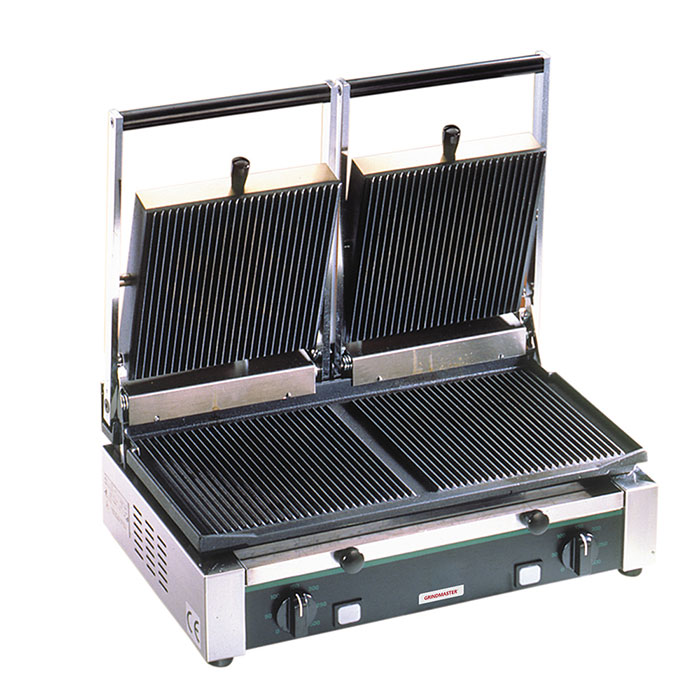 Medium Duty Sandwich or Panini Grill. Double, grooved, cast iron surface. Work surface: 19.75 W x 10 D.